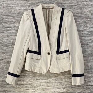 Ann Taylor LOFT Blazer Jacket Size 2 – Ivory with Navy Trim, Button Cuffs Fitted